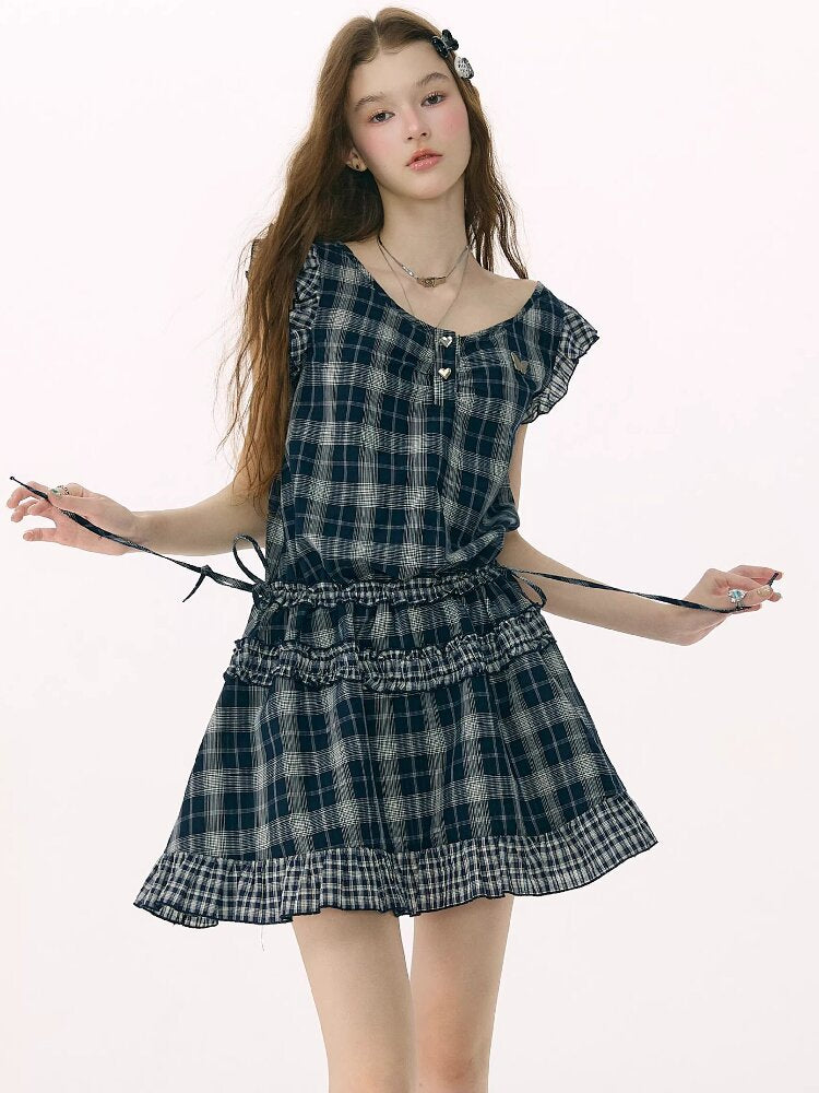 Spliced Plaid Flying Sleeve Dress【s0000016844】