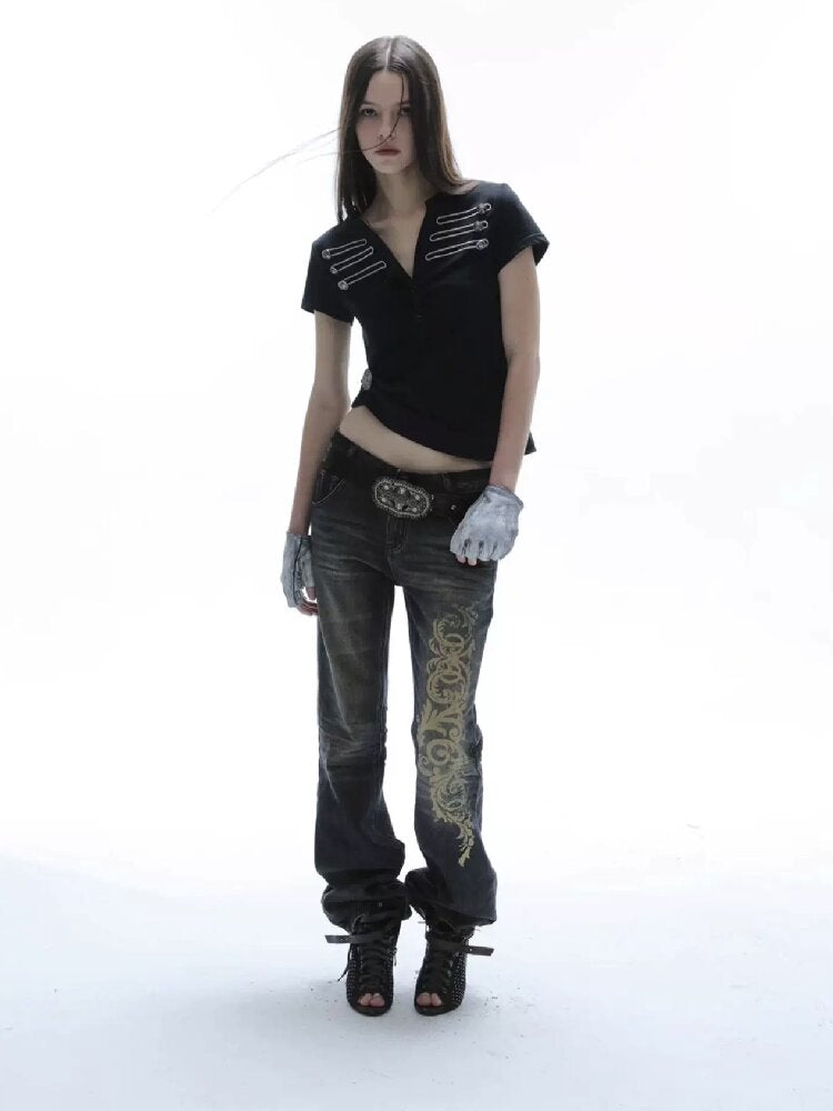 Distressed Baroque Graphic Jeans【s0000016569】