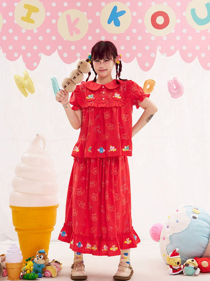 Animal angel heavy embroidery red doll shirt【s0000013184】