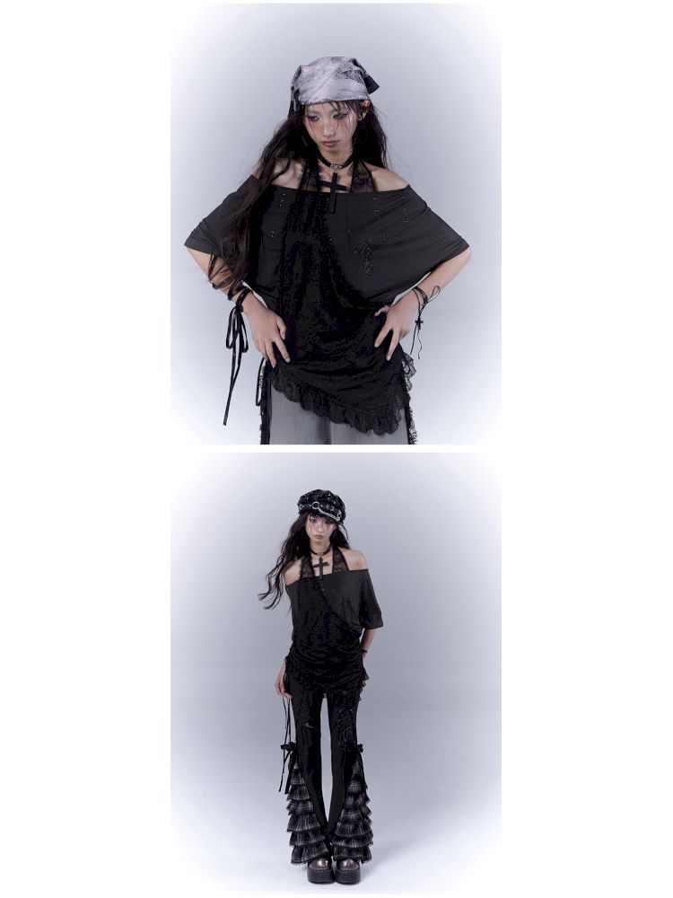 Lazy style rhinestone black T-shirt【s0000012844】