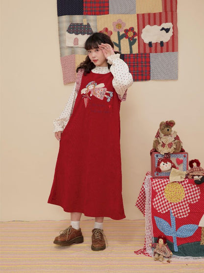 Lace Corduroy Red Vest Dress【s0000010346】