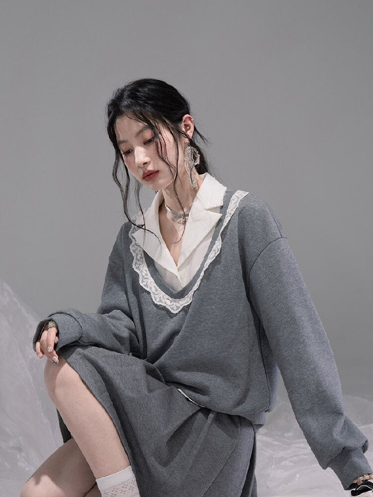 U-neck Sweatshirt Pleated Skirt Set【s0000015742】