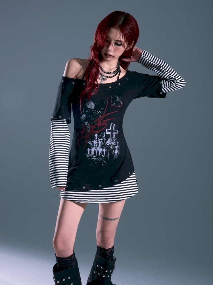 Slash Neck Slim Waisted Dresses t-shirt【s0000013694】