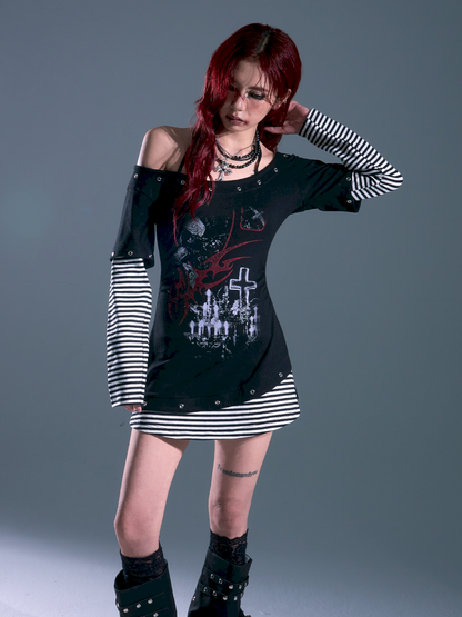 Slash Neck Slim Waisted Dresses t-shirt【s0000013694】