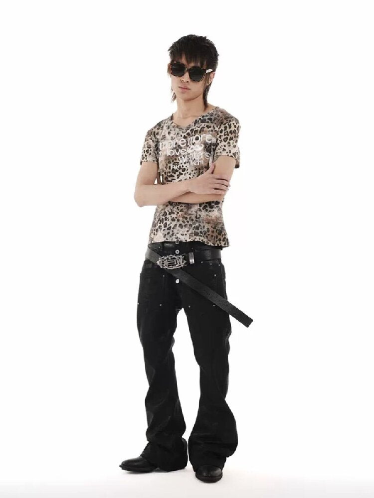 Leopard Slogan Printed V-Neck Tee【s0000018252】