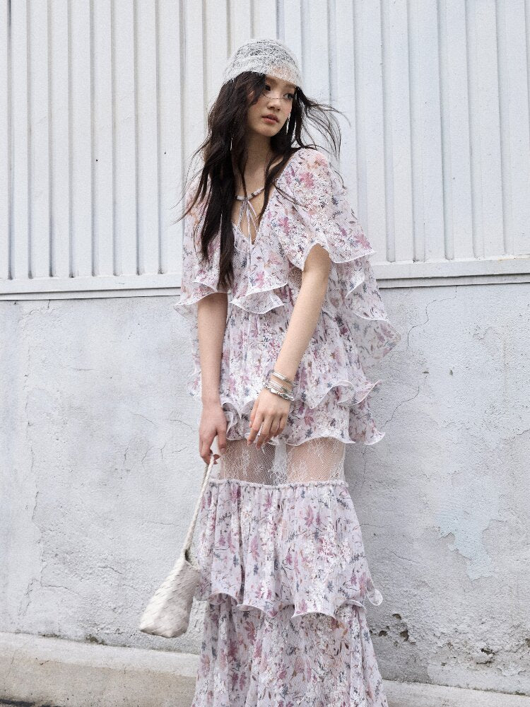 Retro Wilderness Floral Ruffled Dress【s0000016861】