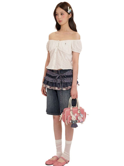 Stretch large neckline short-sleeved cardigan top【s0000013448】