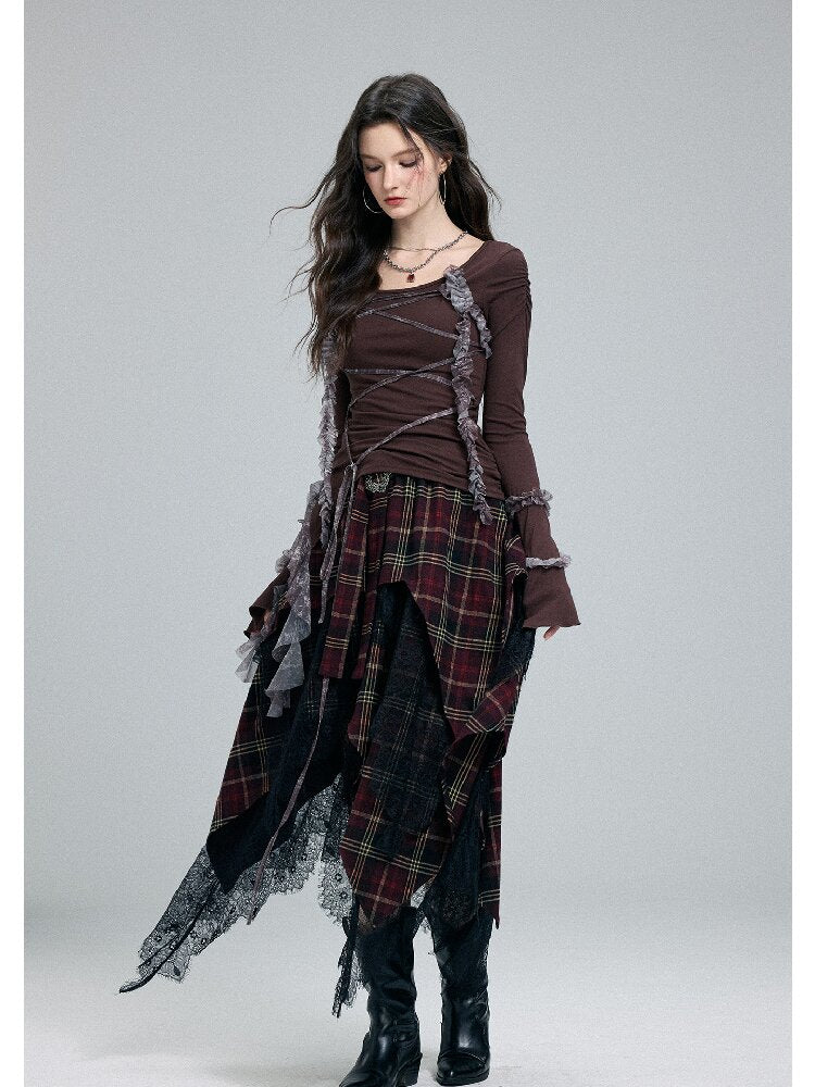 Damaged Plaid Lace Irregular Skirt【s0000016263】