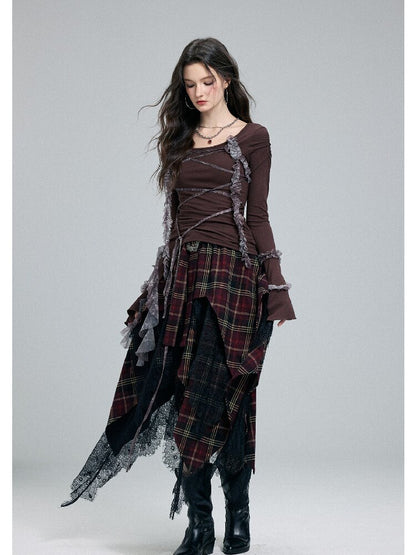 Damaged Plaid Lace Irregular Skirt【s0000016263】