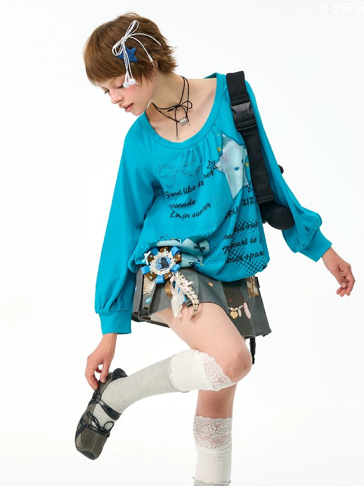Lantern Sleeve Cat Print T-Shirt【s0000017877】