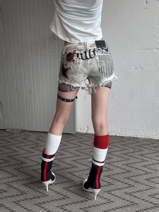 Low-rise embroidered denim hotpants shorts【s0000008497】
