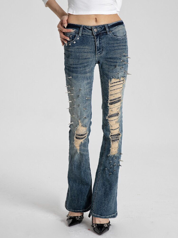 Spiked Snake Print Ripped Jeans【s0000018560】