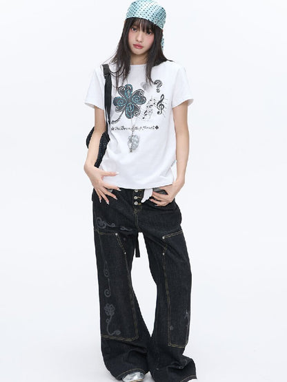 White Melody Shoulder Sleeve T-Shirt【s0000016381】
