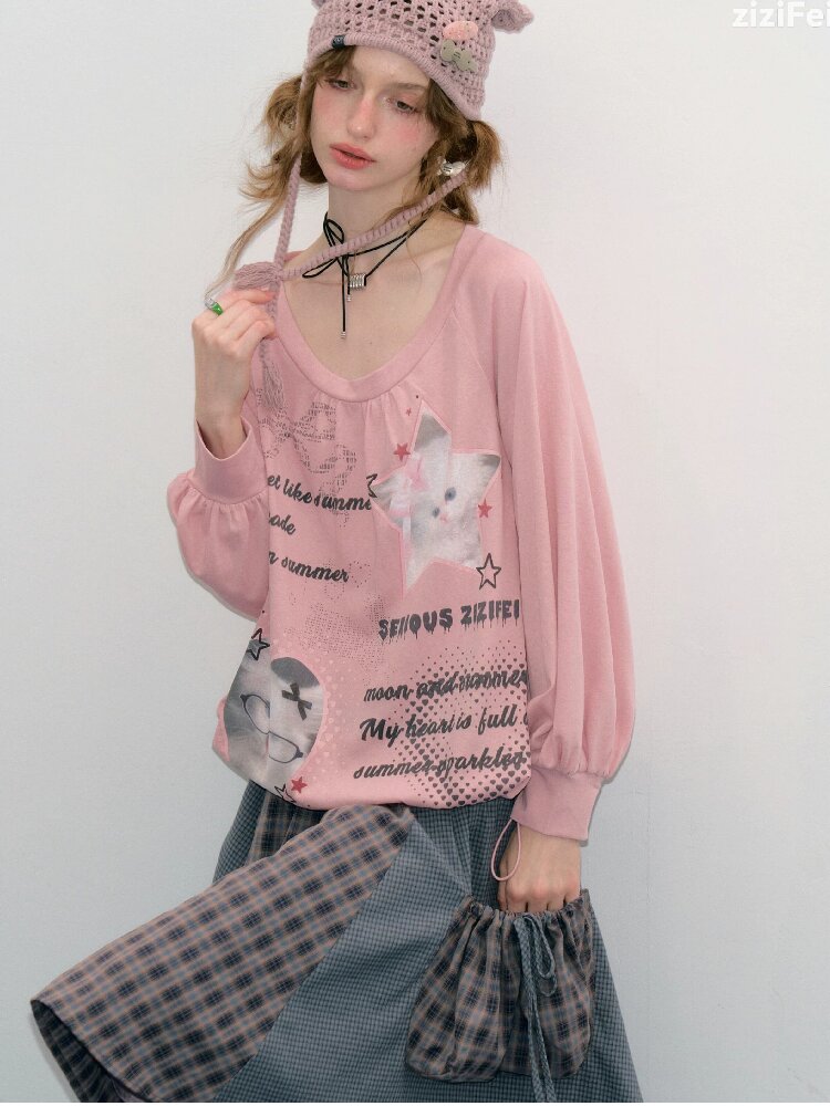 Lantern Sleeve Cat Print T-Shirt【s0000017878】
