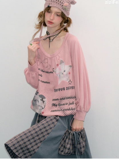 Lantern Sleeve Cat Print T-Shirt【s0000017878】