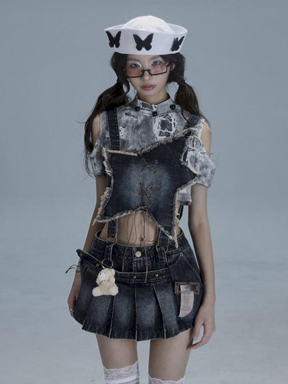 Washable gal niche denim bib culottes【s0000013490】