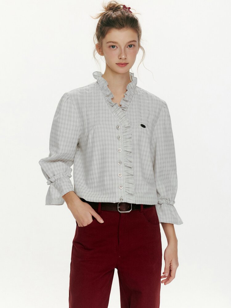 French V-neck Plaid Fungus Shirt【s0000015677】