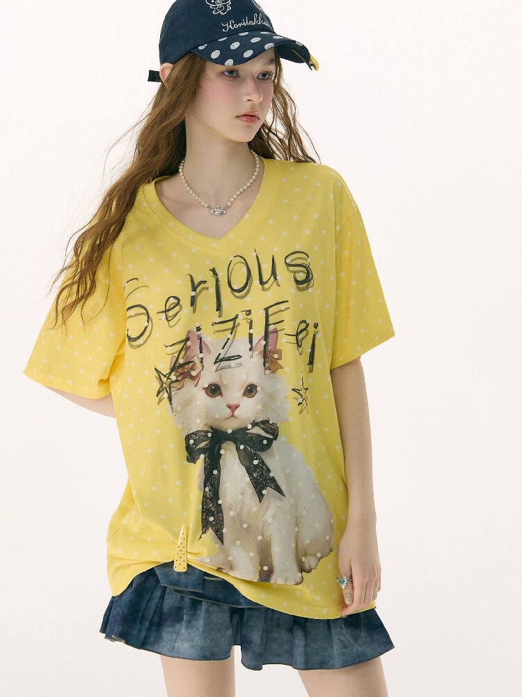Loose Polka Dot Cat Print T-Shirt【s0000016857】