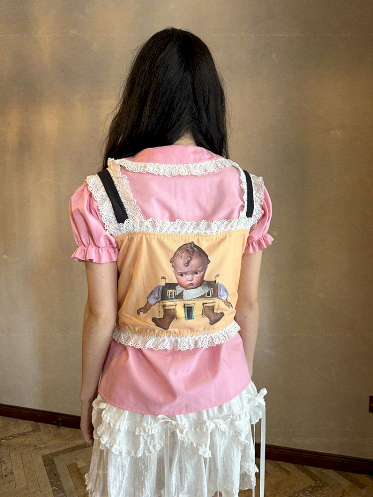 Cute doll print lace bow vest【s0000012760】