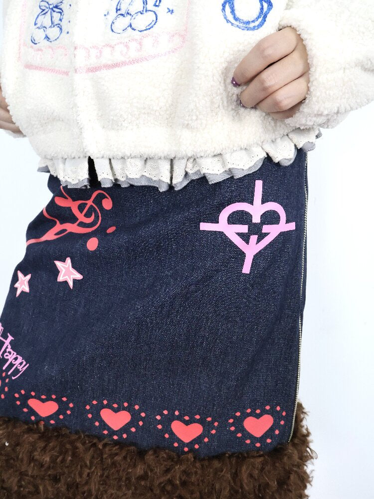 Heartbeat Print Denim Fleece Skirt【s0000018670】