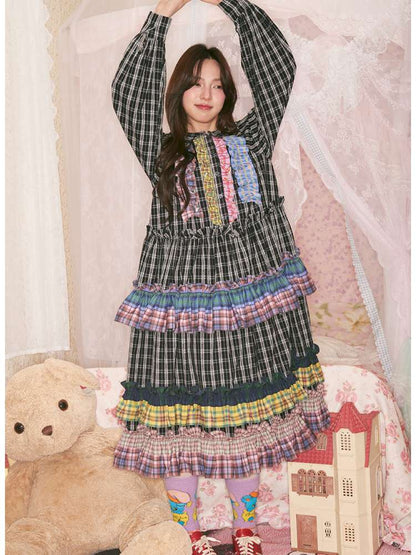 Colorful Lace Plaid Patchwork Black Dress【s0000014823】