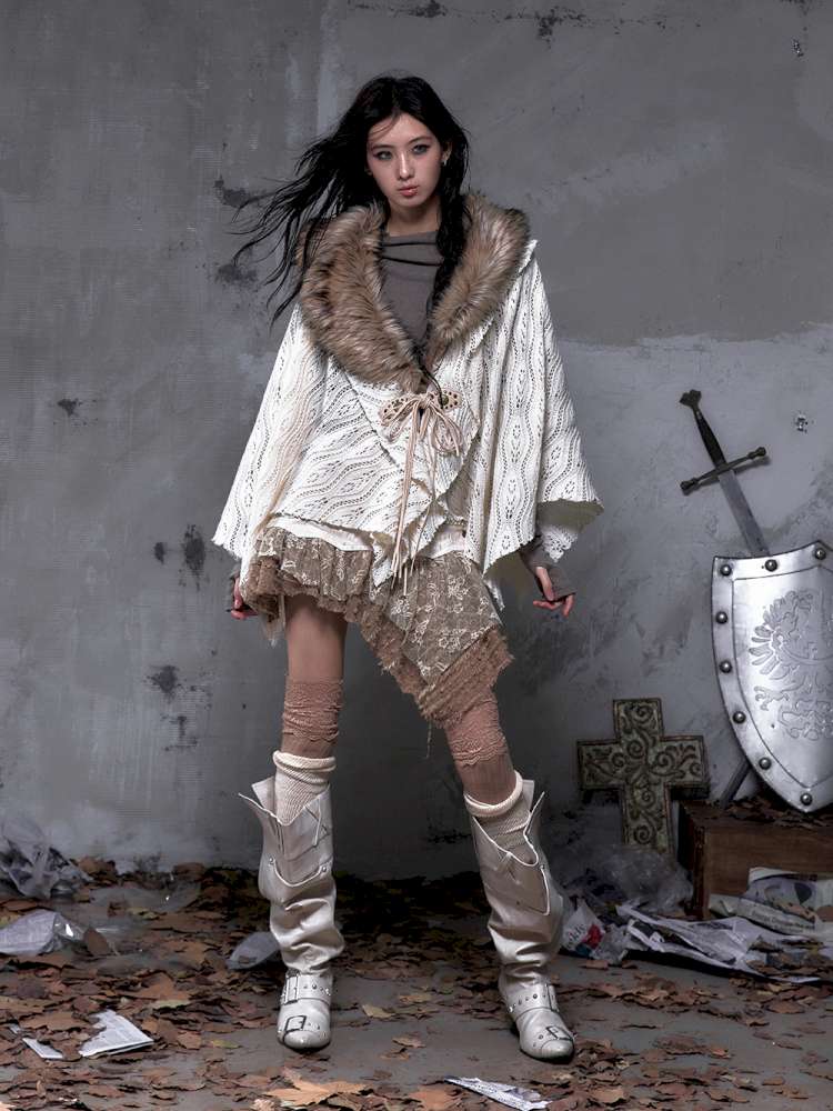 Knit Fur Collar Shawl Cape【s0000014659】