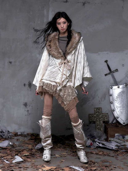 Knit Fur Collar Shawl Cape【s0000014659】