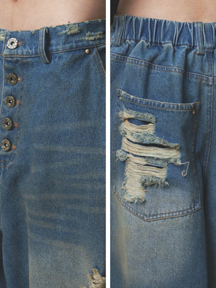 Distressed loose cuffed jeans【s0000012685】