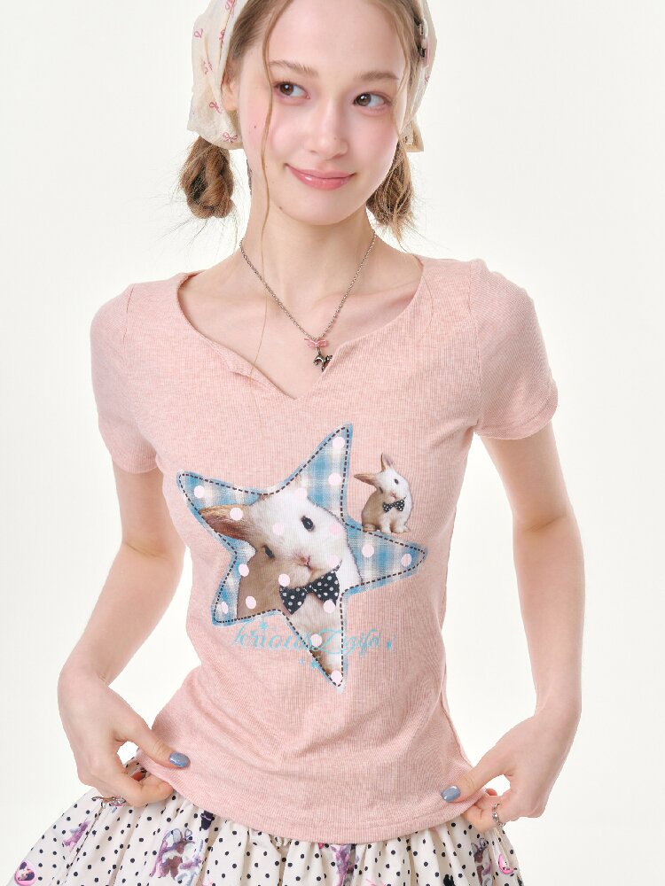 Print Small V Neck Slim T Shirt【s0000016621】