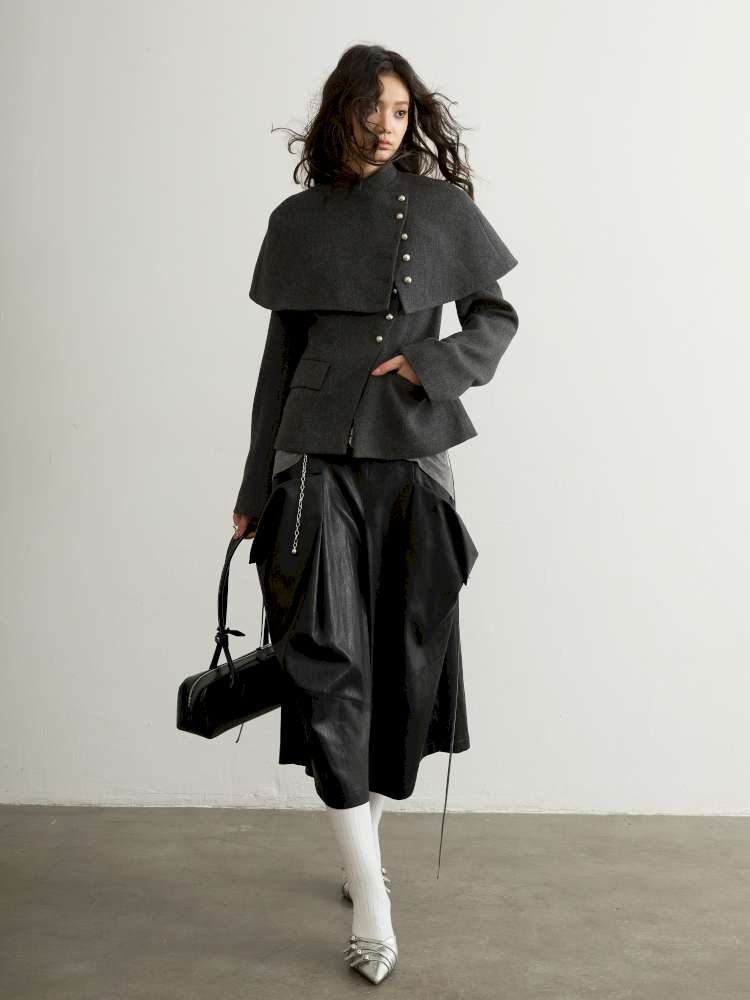 Removable Cape Gray Tweed Coat【s0000015192】