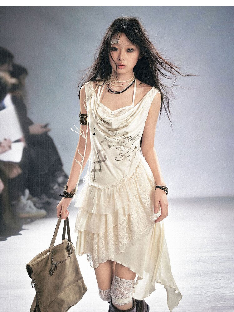 Strap Print Lace Ruffled Dress【s0000016214】