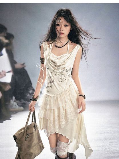 Strap Print Lace Ruffled Dress【s0000016214】