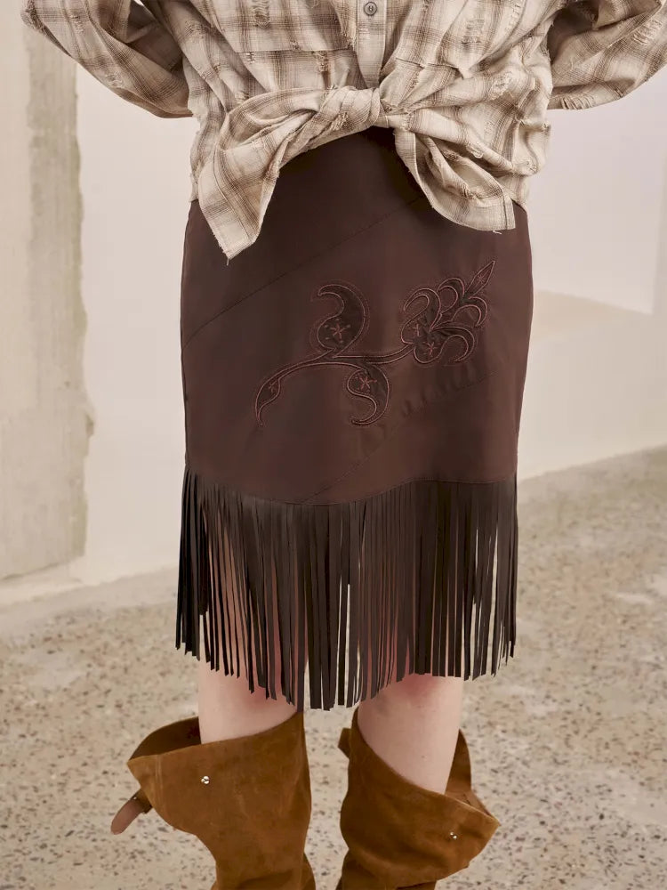 Embroidery Fringe Short Leather Skirt【s0000014045】