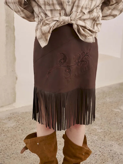 Embroidery Fringe Short Leather Skirt【s0000014045】