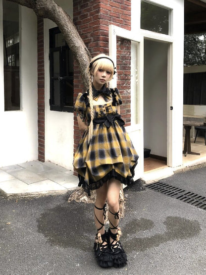 Plaid Puff Sleeve Lantern Dress【s0000016892】