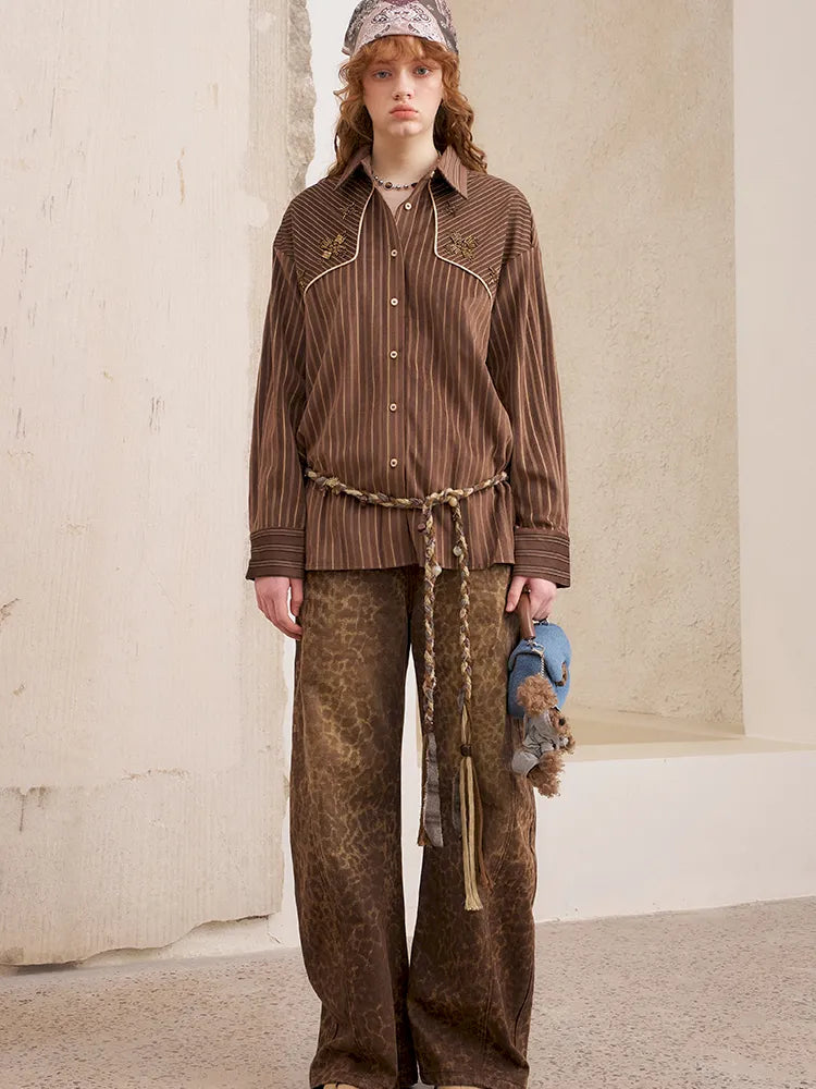 Velvet Beaded Contrast-Striped Vintage Shirt【s0000014079】