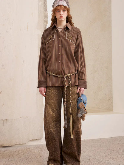 Velvet Beaded Contrast-Striped Vintage Shirt【s0000014079】