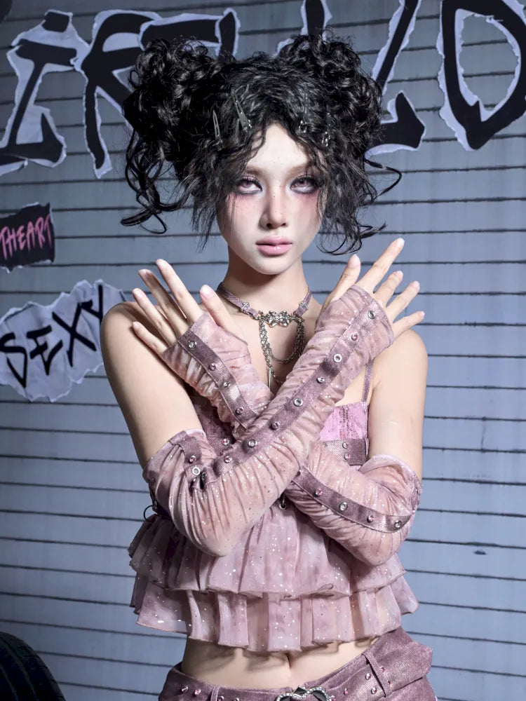 Mesh Nail Rhinestone Pleated Long Sleeve Sleeves【s0000014021】