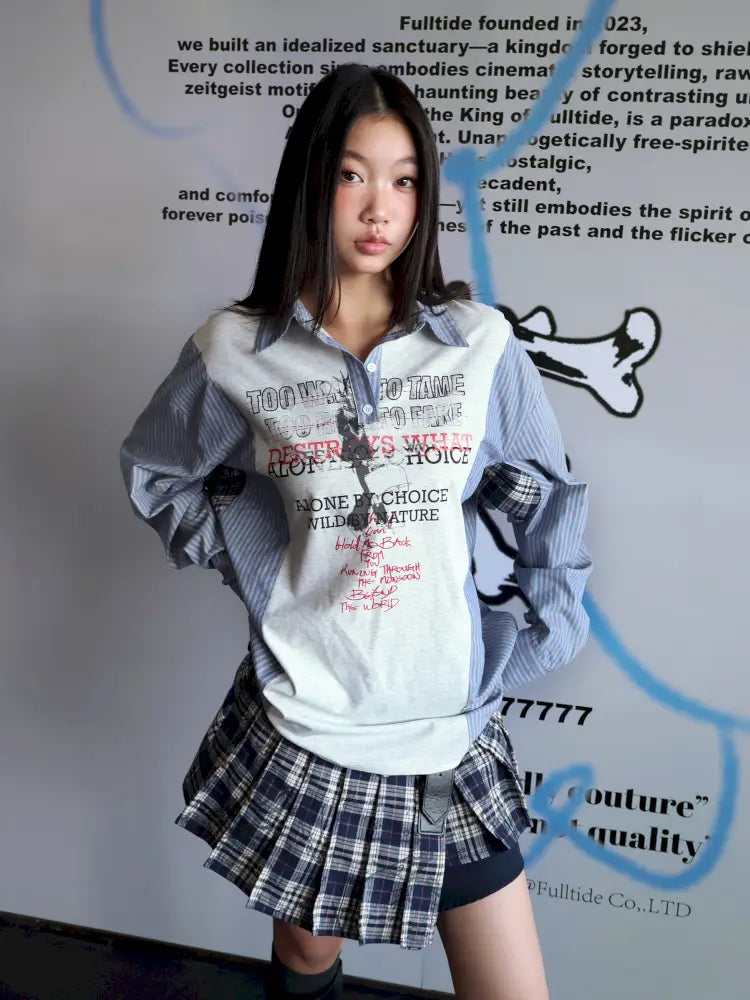 Patchwork Blue Striped Sleeve Shirt【s0000014199】