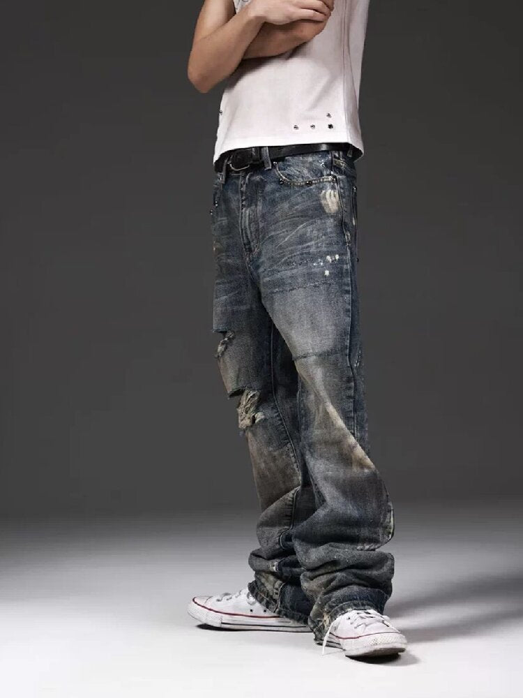 Rust Blue Oil Stained Flared Jeans【s0000018299】