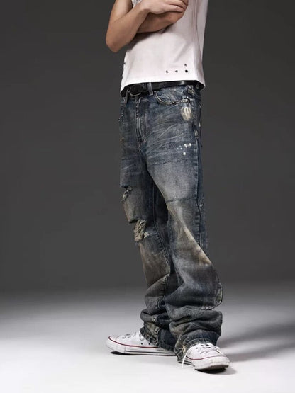 Rust Blue Oil Stained Flared Jeans【s0000018299】