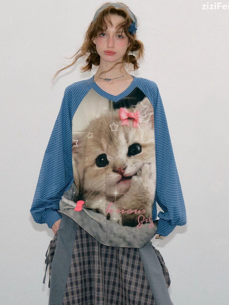 Striped Cat Print Sweatshirt Top【s0000017881】