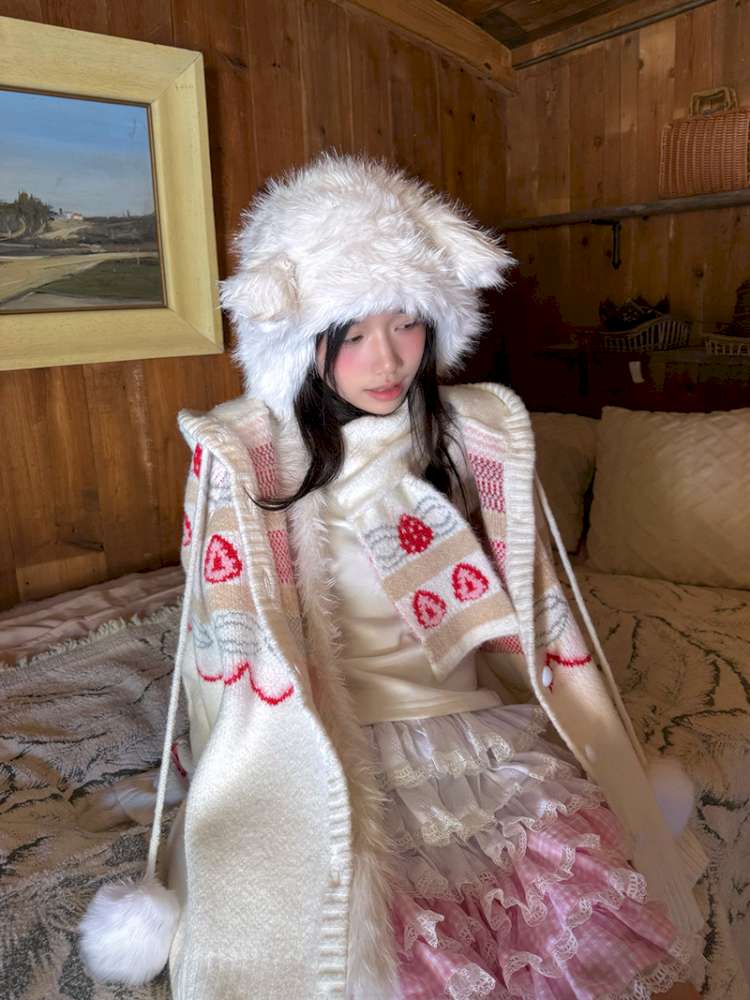 Strawberry Cake Jacquard Knit Scarf【s0000014943】