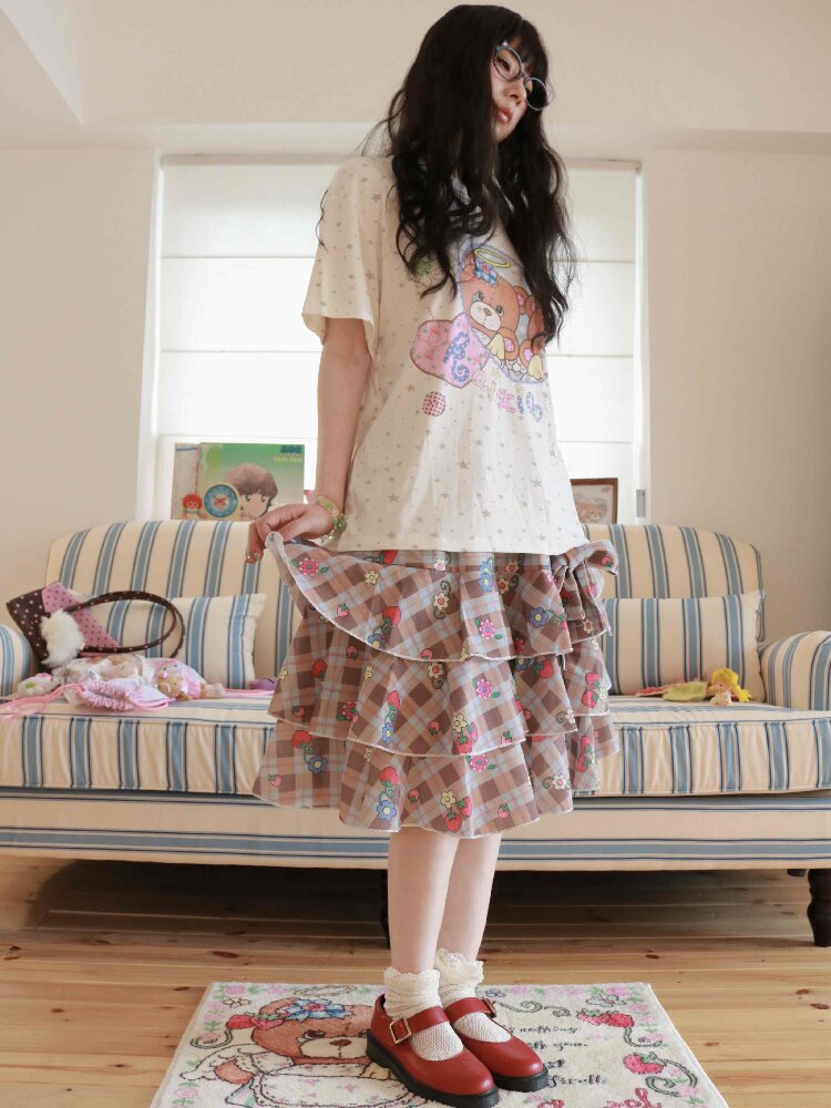 Strawberry Plaid Print Midi Skirt【s0000017504】