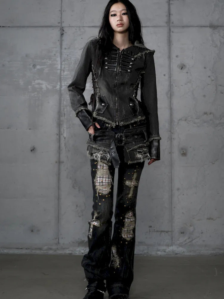 Denim Detachable Slim-Fit Hooded Jacket【s0000013951】