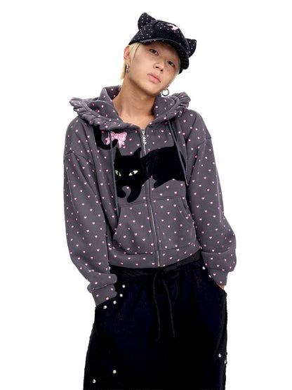Black Cat Embroidered Cat Ear Hoodie Jacket【s0000014422】