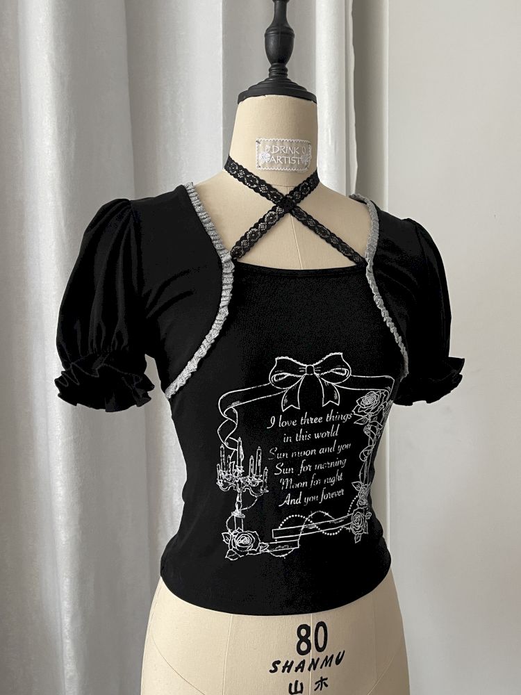 Black bubble sleeves T-shirt top【s0000012812】