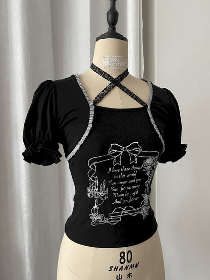 Black bubble sleeves T-shirt top【s0000012812】