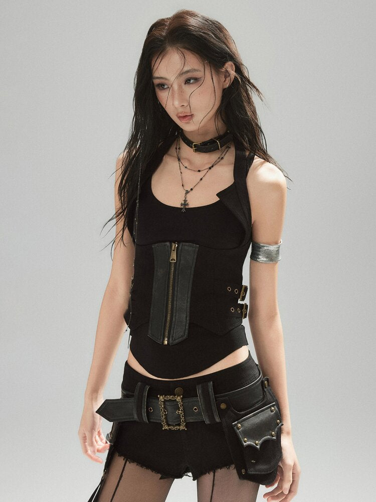 Black Irregular Leather Shorts【s0000015607】