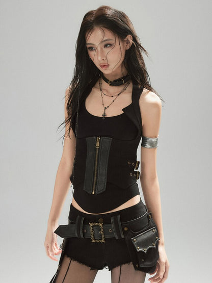 Black Irregular Leather Shorts【s0000015607】